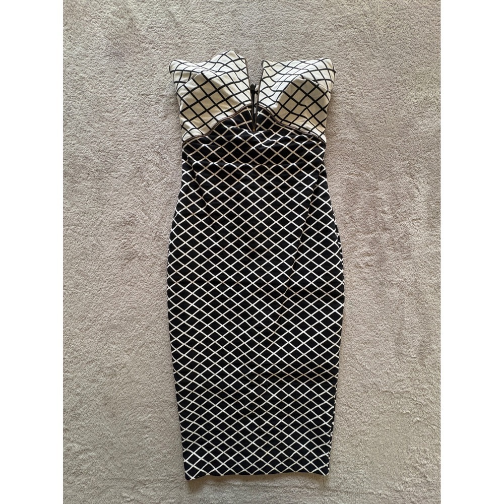 Black White Grid Print Strapless Bodycon Midi Dress V-Neckline Sweetheart